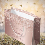 Rose gold glitter name birthday large gift bag<br><div class="desc">A gift bag for a girly and glamorous 21st (or any age) birthday.  A rose gold gradient background with rose gold,  blush glitter dust. Personalize and add a date,  name and age 21. The name is written in dark rose gold with a modern hand lettered style script.</div>