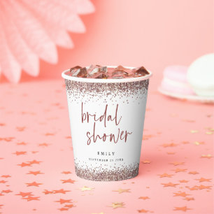 Rose Gold Glitter Name Bridal Shower White Paper Cups
