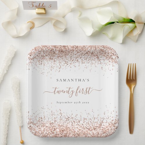 Rose Gold Glitter Name Date 21st Birthday Party Paper Plates