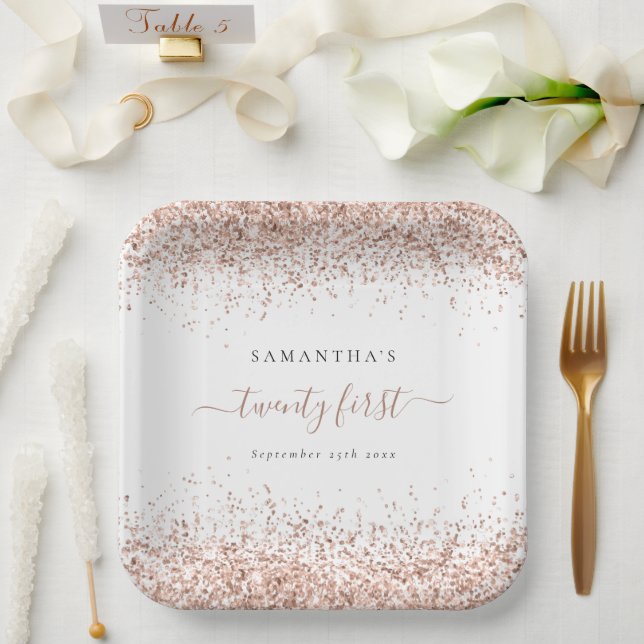 Rose Gold Glitter Name Date 21st Birthday Party Paper Plates (Wedding)