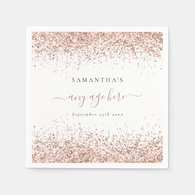 Rose Gold Glitter Name Date Any Age Birthday Party Napkins (Front)