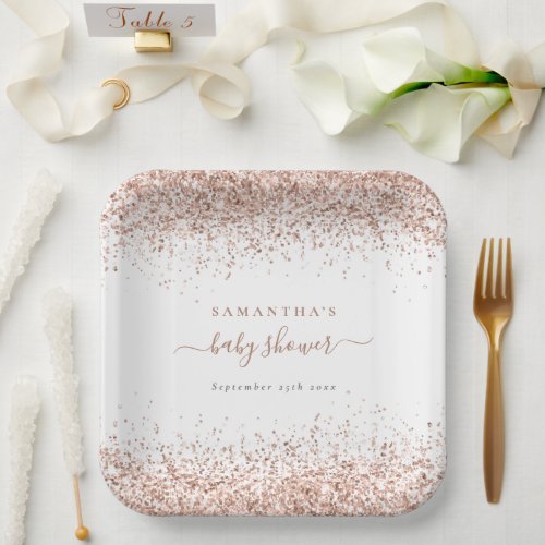 Rose Gold Glitter Name Date Baby Shower Paper Plates