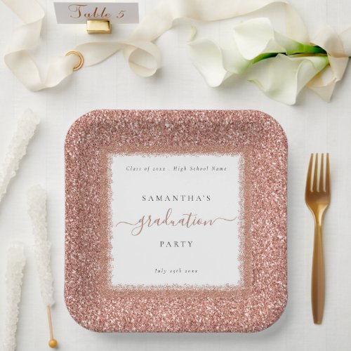 Rose Gold Glitter Name Date Grad Party Paper Plates