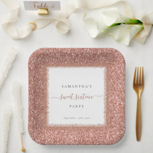 Rose Gold Glitter Name Date Sweet Sixteen Party Paper Plates