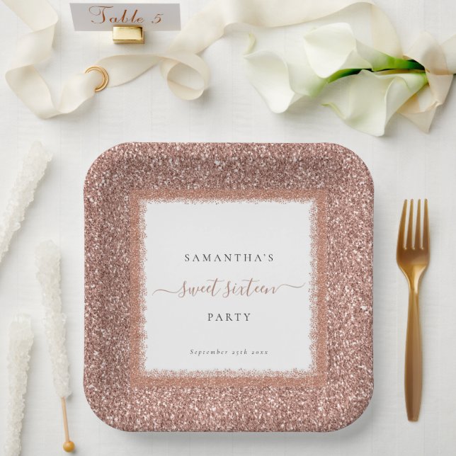 Rose Gold Glitter Name Date Sweet Sixteen Party Paper Plates (Wedding)