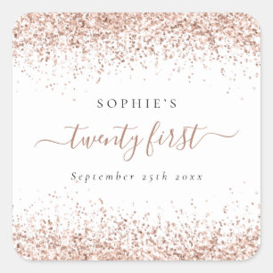 Rose Gold Glitter Name Date Twenty First Birthday Square Sticker