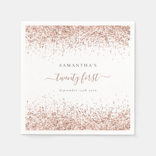 Rose Gold Glitter Name Date Twenty First Party Napkins