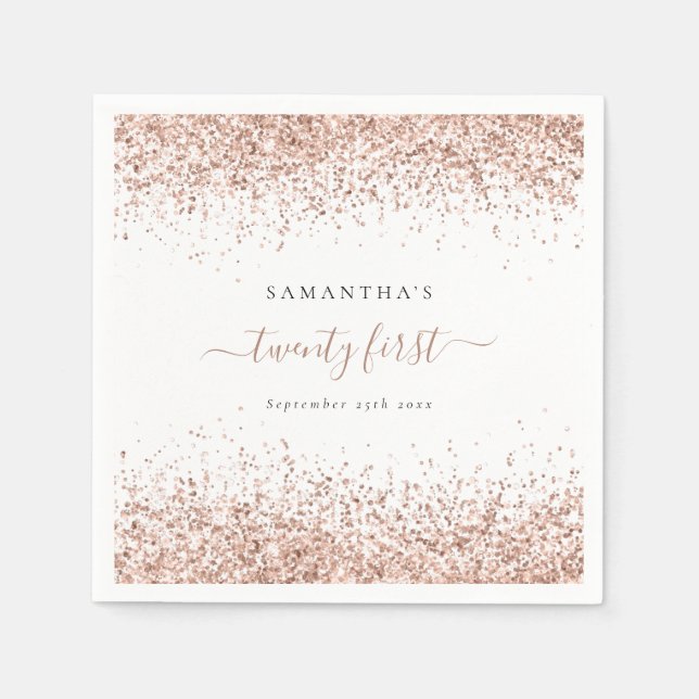 Rose Gold Glitter Name Date Twenty First Party Napkins (Front)