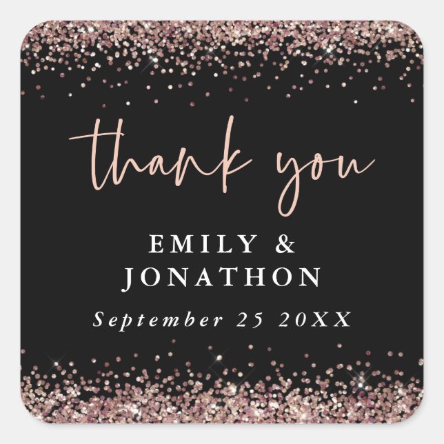 Rose Gold Glitter Name Date Wedding Black Thanks Square Sticker (Front)