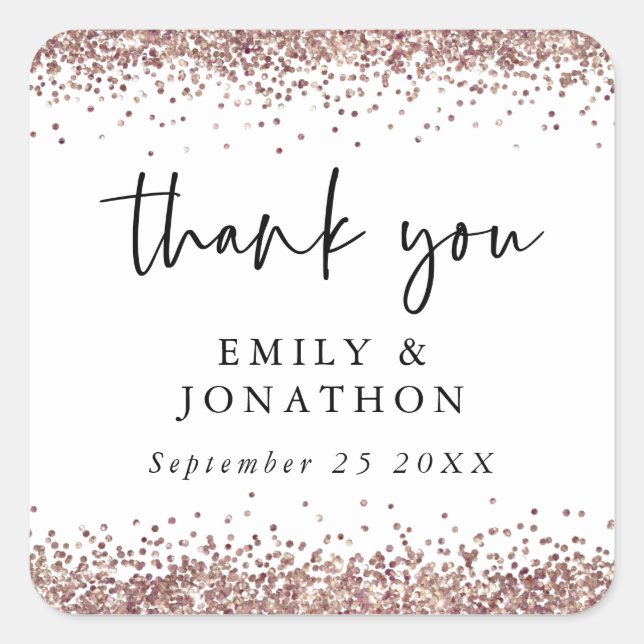 Rose Gold Glitter Name Date Wedding White Thanks  Square Sticker (Front)