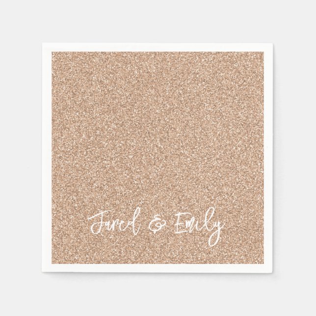 Rose Gold Glitter NAME & NAME Elegant Chic Wedding Napkins (Front)