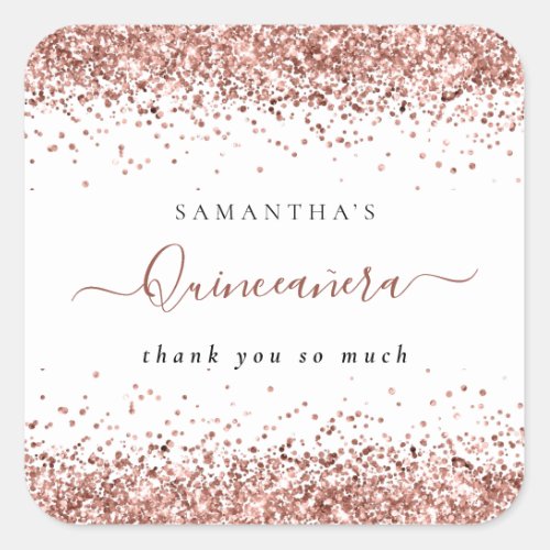 Rose Gold Glitter Name Quinceaera Thank You Square Sticker