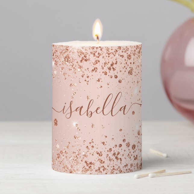 Rose gold glitter name script pillar candle (In Situ)