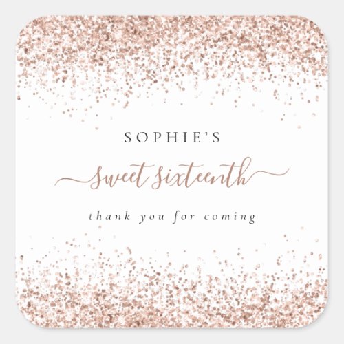 Rose Gold Glitter Name Sweet 16 Birthday Thank You Square Sticker
