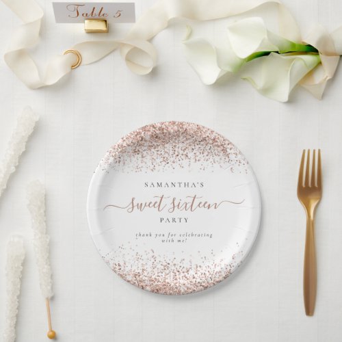 Rose Gold Glitter Name Sweet Sixteen Party Paper Plates