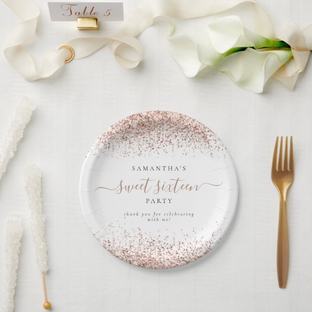 Rose Gold Glitter Name Sweet Sixteen Party Paper Plates (Wedding)