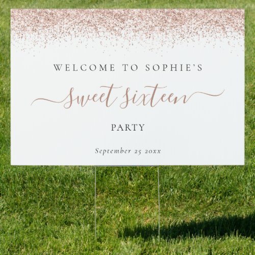 Rose Gold Glitter Name Welcome Sweet Sixteen Party Sign