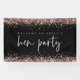 Rose Gold Glitter Name Welcome to Hen Party Black Banner