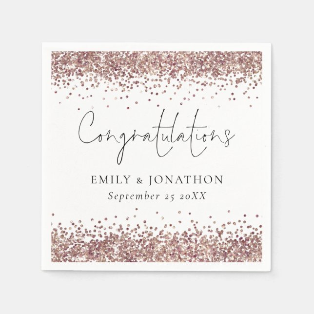 Rose Gold Glitter Names Congratulations Wedding  Napkins (Front)