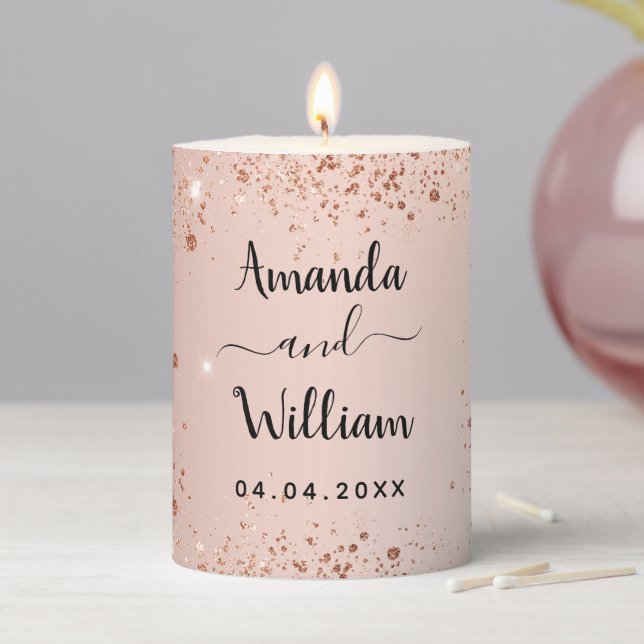 Rose gold glitter names wedding pillar candle (In Situ)