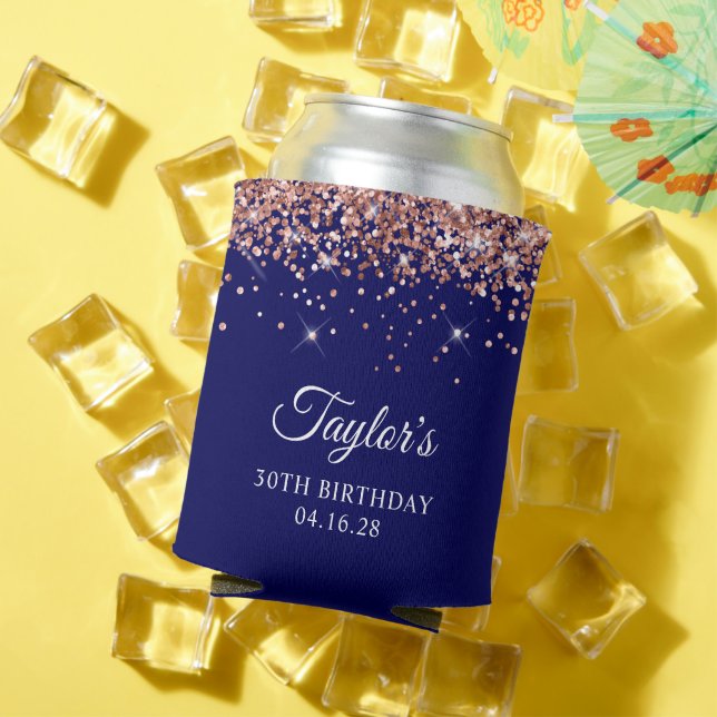 Rose Gold Glitter Navy Blue 30th Birthday Can Cooler (In Situ Summer)