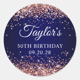 Rose Gold Glitter Navy Blue 50th Birthday Classic Round Sticker