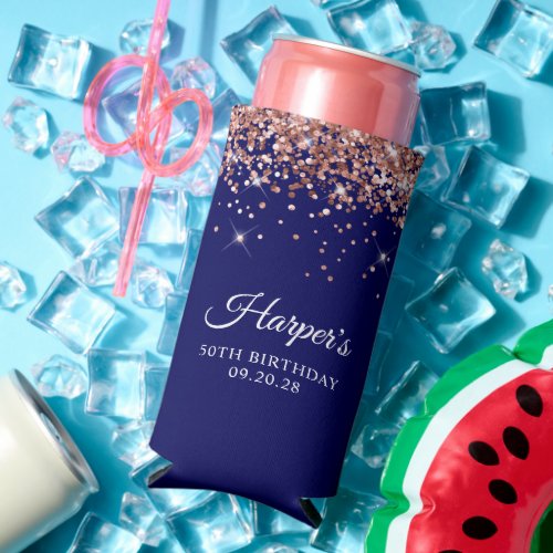 Rose Gold Glitter Navy Blue 50th Birthday Seltzer Can Cooler