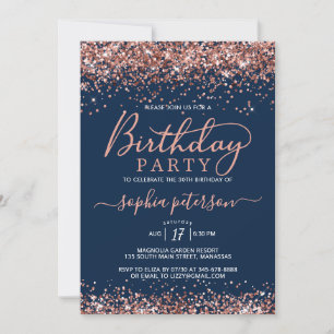 Rose Gold Glitter Navy Blue Any Age Birthday Invitation