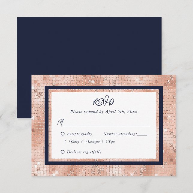 Rose Gold Glitter Navy Blue Blush Wedding RSVP Card (Front/Back)
