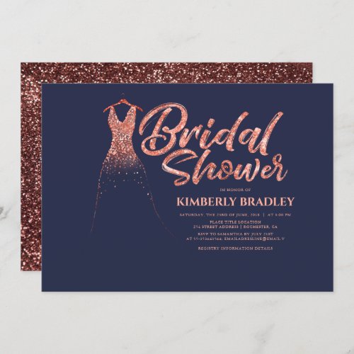 Rose Gold Glitter Navy Blue Bridal Shower Invitation