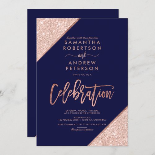 Rose gold glitter navy blue celebration wedding invitation