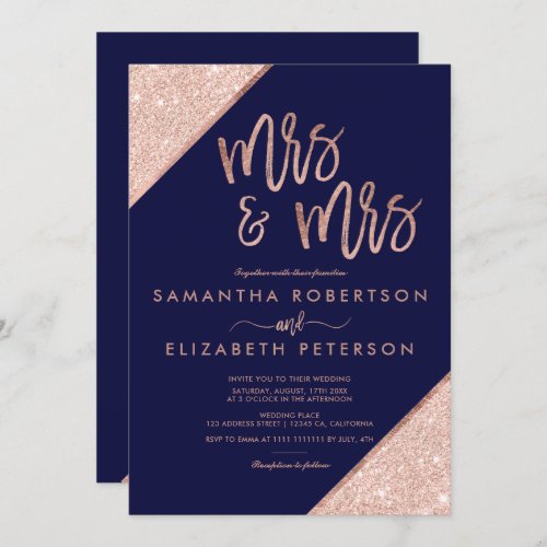 Rose gold glitter navy blue chic lesbian wedding invitation