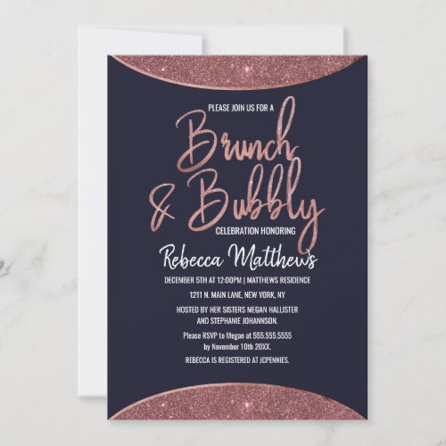 Rose Gold Glitter Navy Blue Circular Brunch Bubbly Invitation