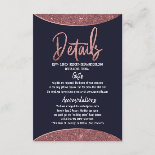 Rose Gold Glitter Navy Blue Circular Details Enclosure Card