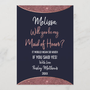 Rose Gold Glitter Navy Blue Circular Maid of Honor Invitation