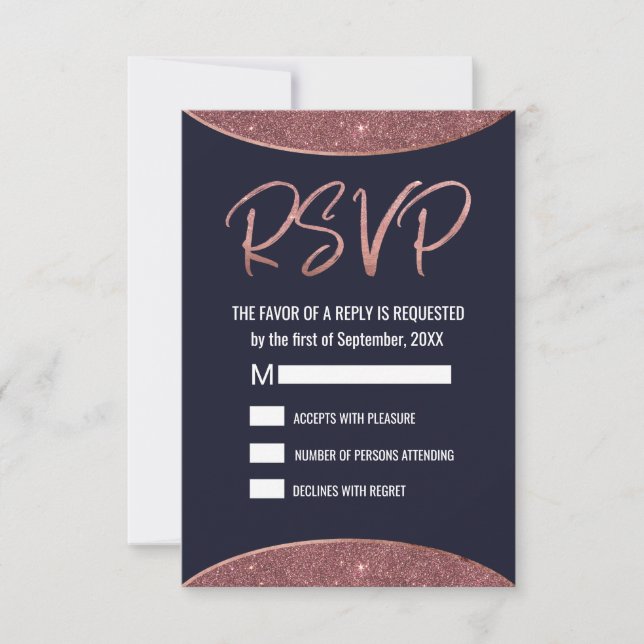 Rose Gold Glitter Navy Blue Circular RSVP (Front)