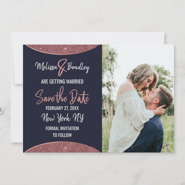 Rose Gold Glitter Navy Blue Circular Save the Date Invitation (Front)