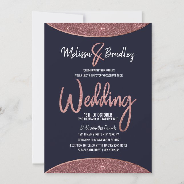 Rose Gold Glitter Navy Blue Circular Wedding Invitation (Front)
