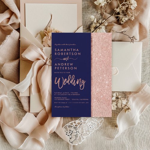 Rose gold glitter navy blue color block wedding invitation
