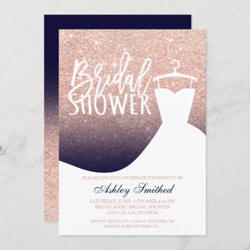 Rose gold glitter navy blue dress Bridal shower Invitation