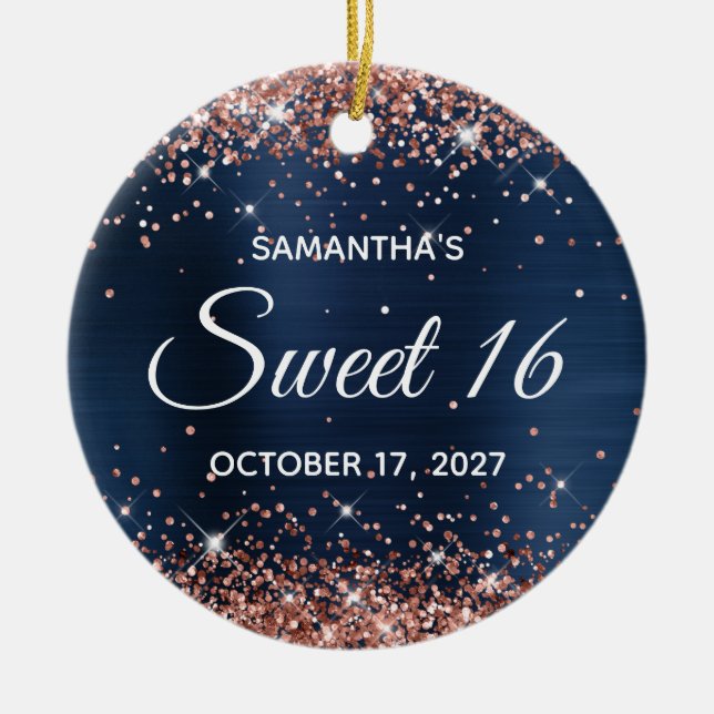 Rose Gold Glitter Navy Blue Foil Sweet 16 Birthday Ceramic Ornament (Front)
