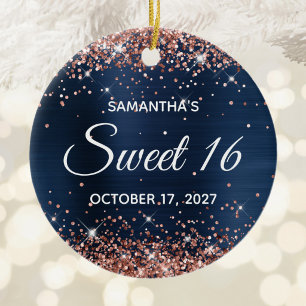 Rose Gold Glitter Navy Blue Foil Sweet 16 Birthday Ceramic Ornament