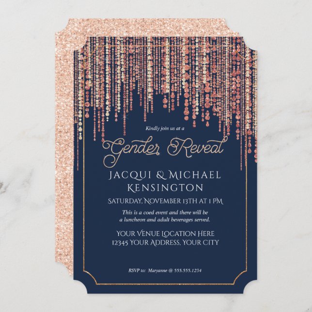Rose Gold Glitter Navy Blue Fringe Gender Reveal Invitation (Front/Back)