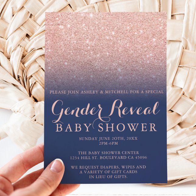 Rose gold glitter navy blue gender reveal baby invitation