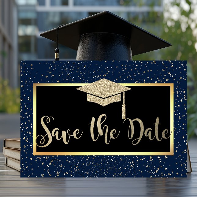 Rose Gold Glitter Navy Blue Grad Save The Date (Creator Uploaded)