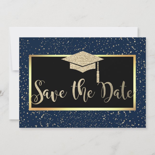 Rose Gold Glitter Navy Blue Grad Save The Date (Front)