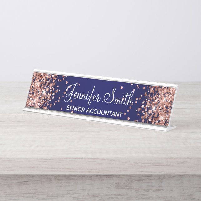 Rose Gold Glitter Navy Blue Gradient Desk Name Plate (Front)
