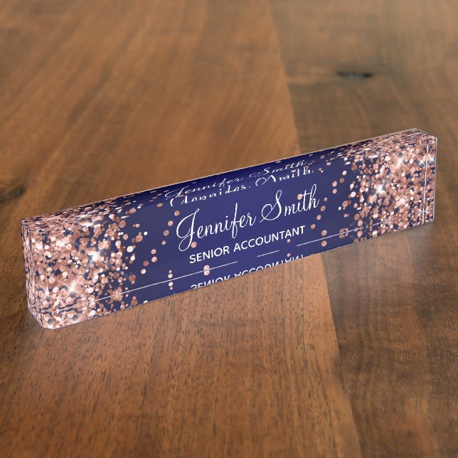 Rose Gold Glitter Navy Blue Gradient Desk Name Plate (Side)