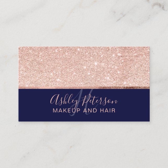 Rose gold glitter navy blue hair makeup monogram business card (Front)