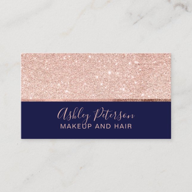 Rose gold glitter navy blue hair makeup typography business card (Front)